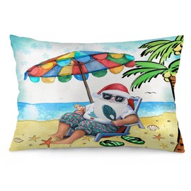 Tlovudori Merry Christmas Throw Pillow Cover Blue Ocean Beach Umbrella Santa Claus Starfish Lumbar Bed Pillow Cover for Home 20x26 Inches Coconut Tree Cushion Pillowcase Sofa Bed Decor