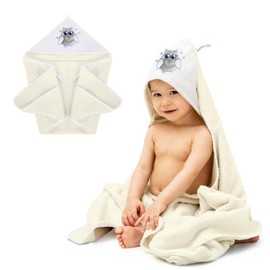 MEA BABY Towel with Hood, 100% Cotton, 100 x 100 cm, Hooded Towel for Girls and Boys, Soft and Super Absorbent Baby Towel with Hood, Ecru with Owl Print
