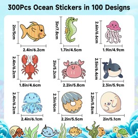 Anwyll 300Pcs Ocean Animal Stickers - Sea Animal Water Bottle Stickers for Kid Classroom Waterproof Vinyl Under The Sea Animals Creature Sticker Self-Adhesive Fish Sticker for Party Decorations