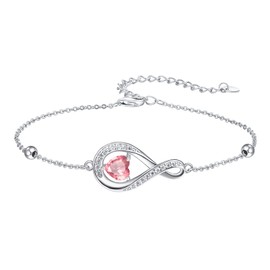 praymos October Birthstone Bracelets, Infinity Bracelets for Womens 925 Sterling Silver Pink Heart Cubic Birthstone Charm Bracelet Adjustable Chain Jewellery Gifts for Her Women Wife Mum (10-Oct)