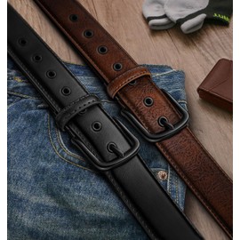 KEMISANT Men Belt 2Pack-7Holes Adjustable Leather Belt For Gift Men 1 1/2"-Metal Hole Design-Cut For Fit(Black/Deep Brown,38"-40" Waist Adjustable)