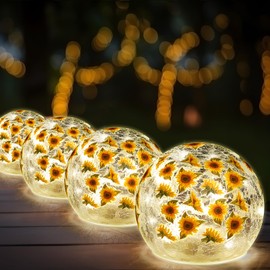 Rossesay 4 Pcs Sunflower Lighted Decorative Glass Ball 3.9 Inch Waterproof Yellow Floral Crackle LED Lights for Garden Glass Globe LED Lamp Battery Operated for Outdoor Indoor Party Decoration Gift