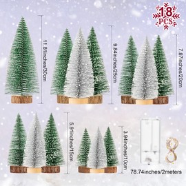 Lenwen 18 Packs Mini Christmas Trees Christmas Decor Bottle Brush Christmas Trees with 6 LED Lights 11.8'' 5 Size Pine Trees with Wooden Bases Mini Bottle Brush Trees Tabletop(Green and Silver)