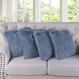 Shaggy Faux Fur Decorative Throw Pillow Cover 26 x 26 Solid Color Silver Blue Zipper Closure Square Throw Pillow Cover Set Glam Bedding Set All Seasons Furry Fuzzy Plush Sheen Bed Room Decor