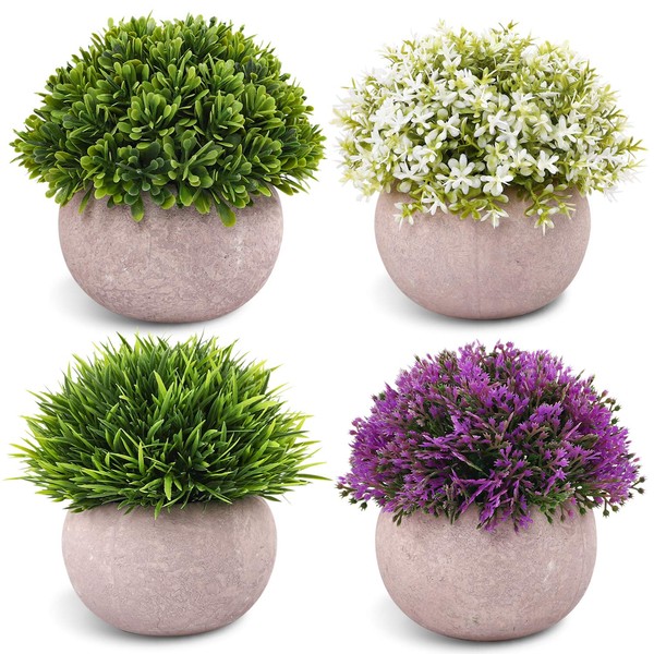 CEWOR 4pcs Small Artificial Plants, Fake Plants for Office Desk Bathroom Home Decoration, Mini Faux Topiary Shrubs