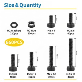 WZHUIDA 660 Pcs M2 Screws Assortment Kit, M2x4mm/6mm/8mm/10mm/12mm/16mm, Metric Hex Socket Head Cap Screws Nuts Washers Kit with Wrench, Black Zinc Plated