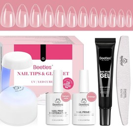 Beetles Gel Nail Kit with Nail Dehydrator and Primer, 576Pcs Half Matte Etch-X Gel Nail Tips Solid Nail Glue Mini Nail Lamp Acrylic Nail Tips Easy DIY Nail Extension Set Gift for Women - Color: Almond Short 576pcs(Etch-X Nail Kit)