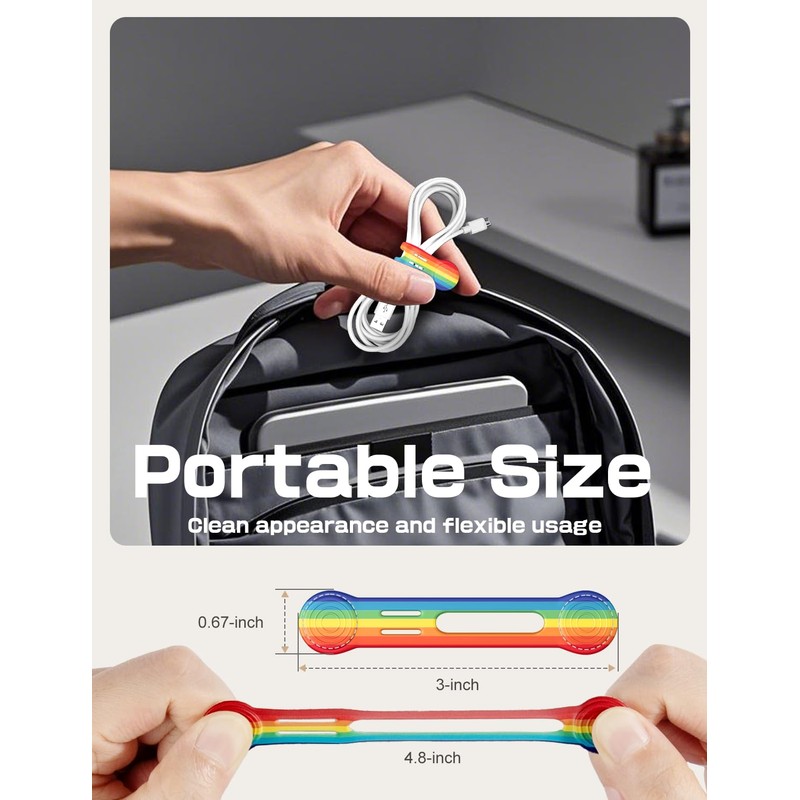 Maveek Magnetic Cable Ties Cord Organizer, 10 Pack Rainbow Silicone