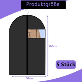 Agogue Pack of 5 Suit Garment Bags, Transport Bag, Protective Cover, Garment Bags with Zip, 100 x 60 cm, for Business Suits, Coats, Jackets, Children's Clothing etc., Black, Model Unisex