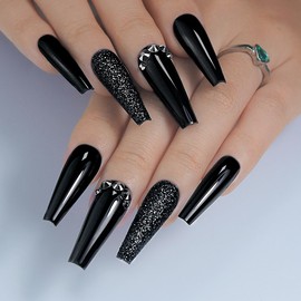 Gufonkod Glitter Black Press on Nails Long Coffin Fake Nails with Rhinestones Designs Glossy Acylic False Stick on Nails Glue on Nails for Women 24pcs