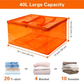 Vieshful Orange 40L Clear Clothes Storage Bag Colorful Clothes Organizer with Zipper Vinyl Storage Bag for Comforter, Blanket, Bedding, Duvet, Transparent Moving Totes 3 Pack