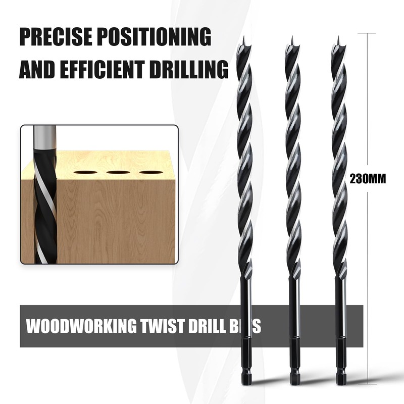 hsawbit Wood Drill Bits, 3pcs x 8mm x 230mm Auger