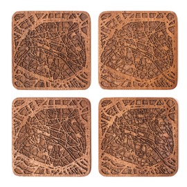 Paris Map Coaster, Set of 4, Sapele Wooden Coaster with City Map, Handmade