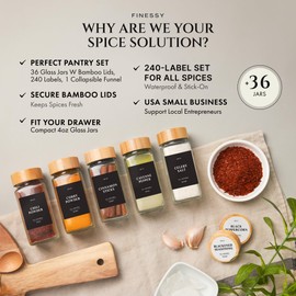 Glass Spice Jars with Label with Bamboo Lids 36 Pack Black Labels Set, 4oz Clear Empty Bottles Seasoning Organizer Jars with Shaker Lids, Small Square Airtight Spice Seasoning Containers Herb Storage