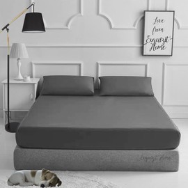 Fitted Bed Sheet With Matching FREE 2 X PILLOW CASE Plain Dyed Poly Cotton Percale Easy Care Bed Sheet Grey King