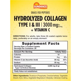 Sundance Hydrolyzed Collagen Peptides 1000mg | Type I & II | 60 Caplets | by Sundance