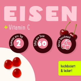 Gumtamin Eisen Gummibärchen mit Vitamin C mit 40mg Eisen hochdosiert - vegan - 60 Gummies bei Eisenmangel - Alternative zu Eisentabletten und Kapseln