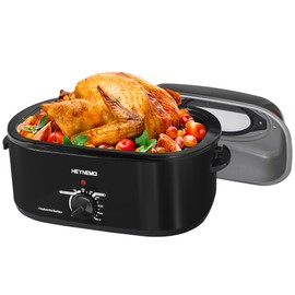 HEYNEMO Electric Roaster Oven, 22Qt Roaster Oven, Turkey Roaster Electric, Roaster Oven Buffet, Selfbasting Lid, Removable Pan, Full-Range Temperature Control Cool-Touch Handles, Black, Turkey Roaster