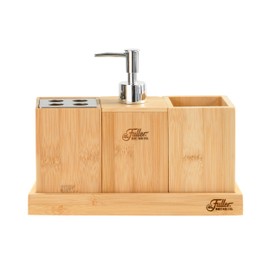 Fuller’s Bamboo Bathroom Counter Set – Eco-Friendly & Water-Resistant Sink Organizer | 4-Piece Vanity Tray, Soap Dispenser, Toothbrush Holder & Storage Container