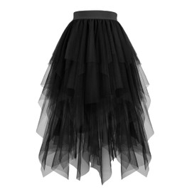 Hanpceirs Women's Tulle Skirts High Low Layered A-line Midi Skirt Irregular Tutu for Women Black Large
