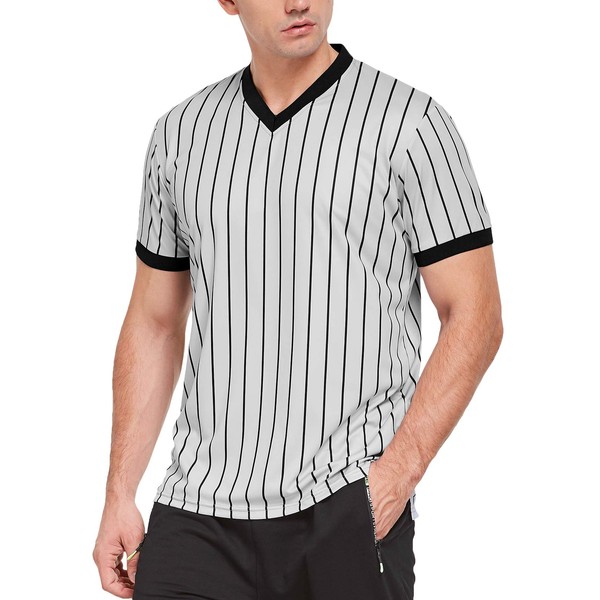 FitsT4 Basketball Officials Grey Wrestling V-Neck Performance Shirt, Short Sleeve Referee Shirt with Black Pinstripes