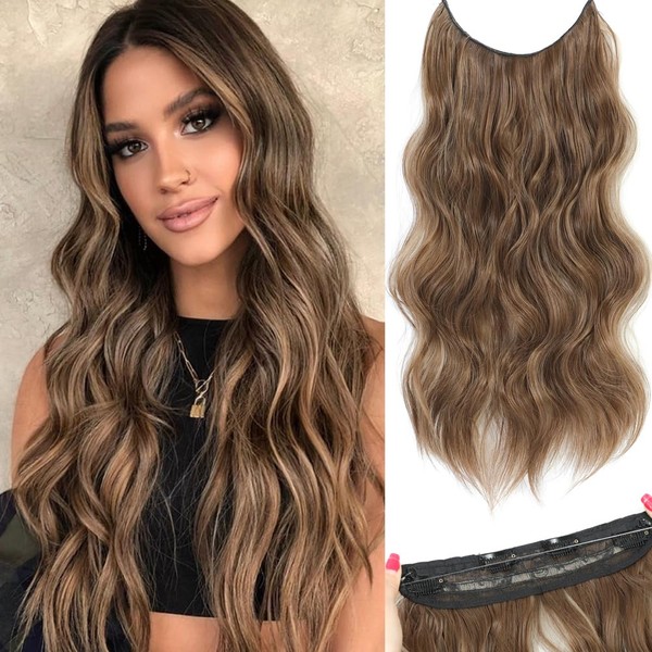 Light Brown Invisible Wire Hair Extensions with Transparent Headband Adjustable