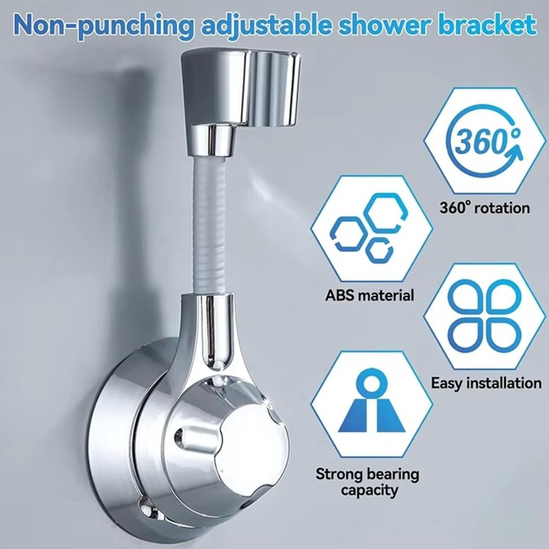 YERTAA Suction Shower Head Holder (Black), 120-Degree Adjustable Rotation, Silver-Plated