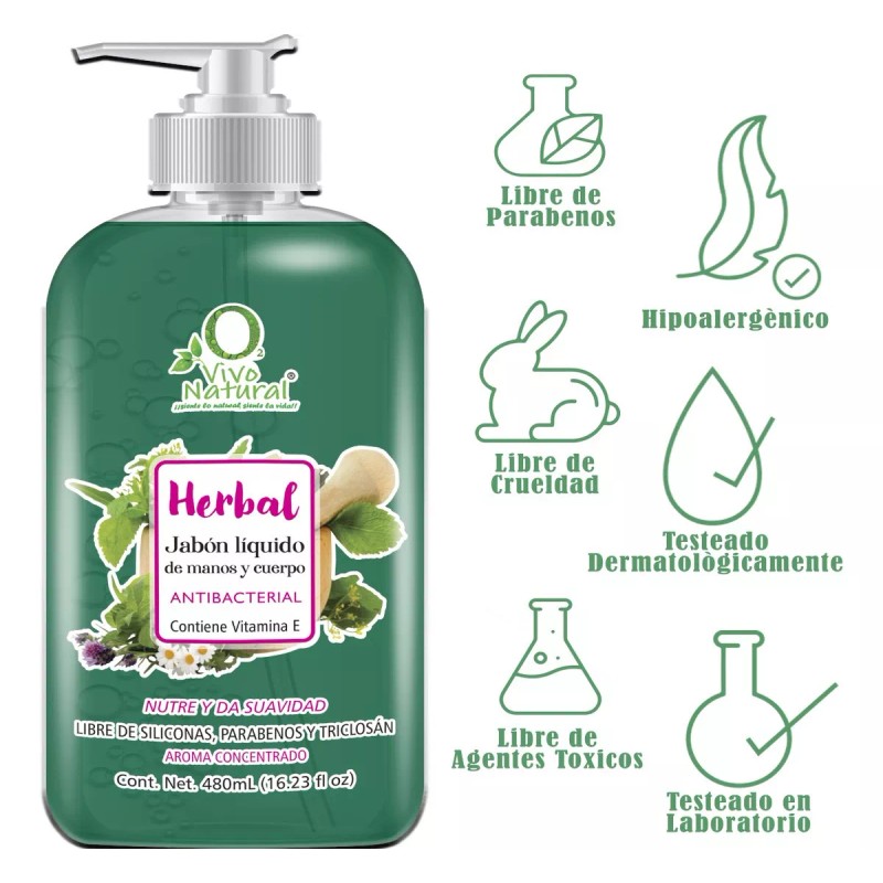 VIVONATURAL Jabón Líquido Para Manos Y Cuerpo Esencias Herbales 480ml