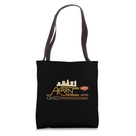 Vintage Akron Ohio Skyline With Akron Blimp On Retro Stripes Tote Bag