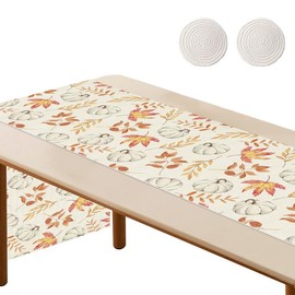 Autumn Table Runner with 2 Coasters, 183x33 cm Pumpkins and Maple Leaves Fall Table Runners for Dining, Home Decor Boho Style Pumpkin Table Runner Dining Accessories for Holiday Party Thanksgiving