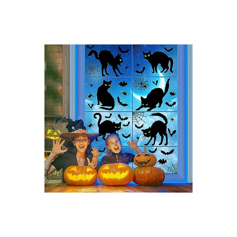Decoración para ventanas de gato negro de Halloween, calcomanías espeluznantes