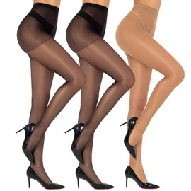 MANZI 3 Pairs Women's Tights with High Waist Tummy Tightening Ultra Thin Leggings Toe Reinforced Body Shaping Tights, 2 pairs black/1 pair nude