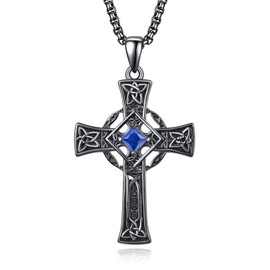 ADMETUS Black Celtic Cross Pendant Sterling Silver September Birthstone Necklace Black Celtic Cross Chain with Birthstone Cross Jewellery Gifts for Men, Sterling Silver, Cubic Zirconia