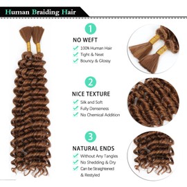 Brown Human Braiding Hair 100g 18 Inch Deep Wave Human Hair Braiding Hair Curly Bohemian Hair for Braiding (#30, 18 Inch)