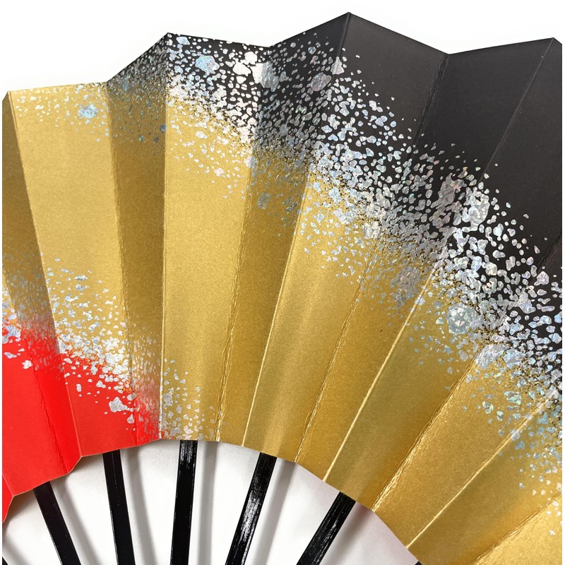 Asakusa Kimonoichi Mai Fan, Black/Gold/Red Background with Silver Sand Pattern,