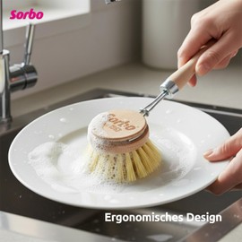 Sorbo Wooden Dish Brush / Tampico - Wooden Dish Brush Made of FSC Wood with Fixed Tampico Bristles, Metal Hanging Hook, Ergonomic Shape