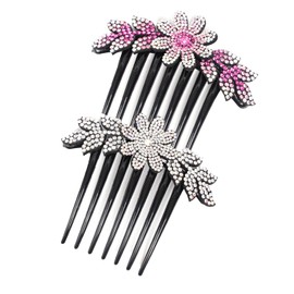 MinoCino Hair Comb Slides for Women Girls, 2PCS Sparkly Rhinestone Plastic Floral Leaf French Comb, Decorative Comb Slides Accessories for Party Everyday Look (Pink&White)