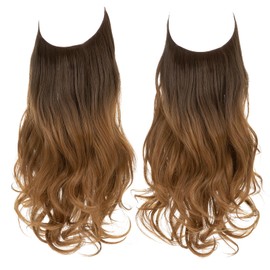 SARLA Invisible Wire Hair Extensions with 3 Clips Long 18 Inch Synthetic Wavy Curly Hairpiece for Women Adjustable Transparent Headband Brown to Golden