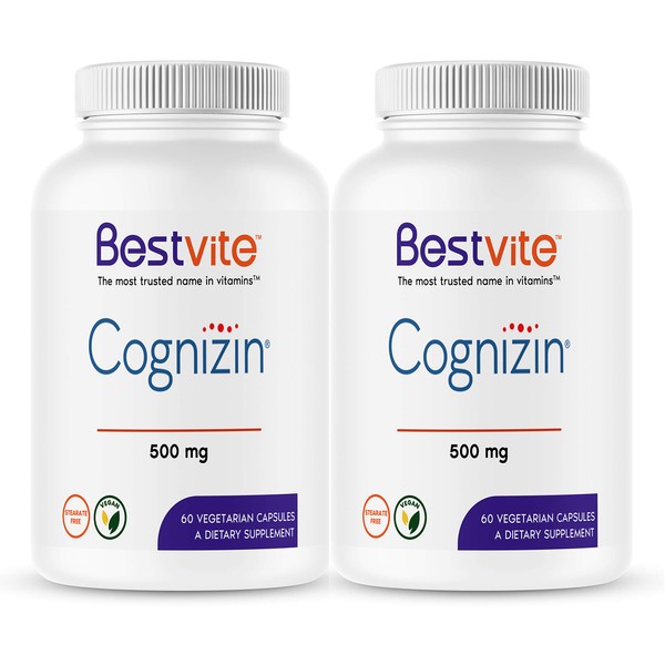 Cognizin Citicoline 500 mg por cápsula (120 cápsulas vegetarianas) (paquete de 2) - Forma clínicamente estudiada de citicolina - Sin estearatos - Vegano - Sin OMG - Sin gluten