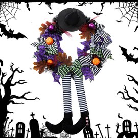 Halloween Wreaths for Front Door, Black Halloweens Witch Wreath with Hat Witches Legs Pumpkin, Halloween Door Wreath for Window Porch, Indoor, Outdoor Decor Party Prom Decoration (Black)