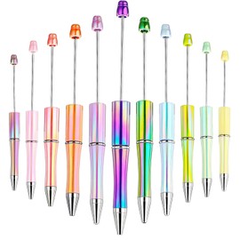 12 DIY Beaded Pen Supplies, Gradient Color Shiny Plastic Bead Pens, Black Ink Ballpoint Pens, Cute DIY Retractable Office School Supplies Suitable for Students Teachers to Make Gifts
