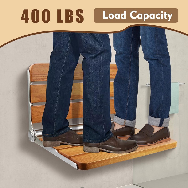 Teak Folding Shower Seat Wall Mounted, Foldable Shower Bench, 400lbs