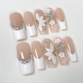 Handmade Press on Nails Medium Square Fake Nails Nude White Summer 3D False Nails Luxury Rhinestone Cute Flower Full Cover Stick on Nails Glue on Nails Acrylic Nails for Women Girls (White Flower M)