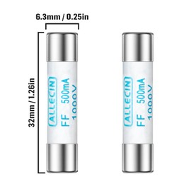 ALLECIN FF500mA Multimeter Fuse 0.5A 1000V 6.3x32MM Digital Multi Meter Fast Acting Fuses 0.5 Amp 1000 Volt 0.25x1.26Inch Nickel-Plated Brass Ceramic Fast Blow Multimeters Fusibiles (Pack of 10Pcs)