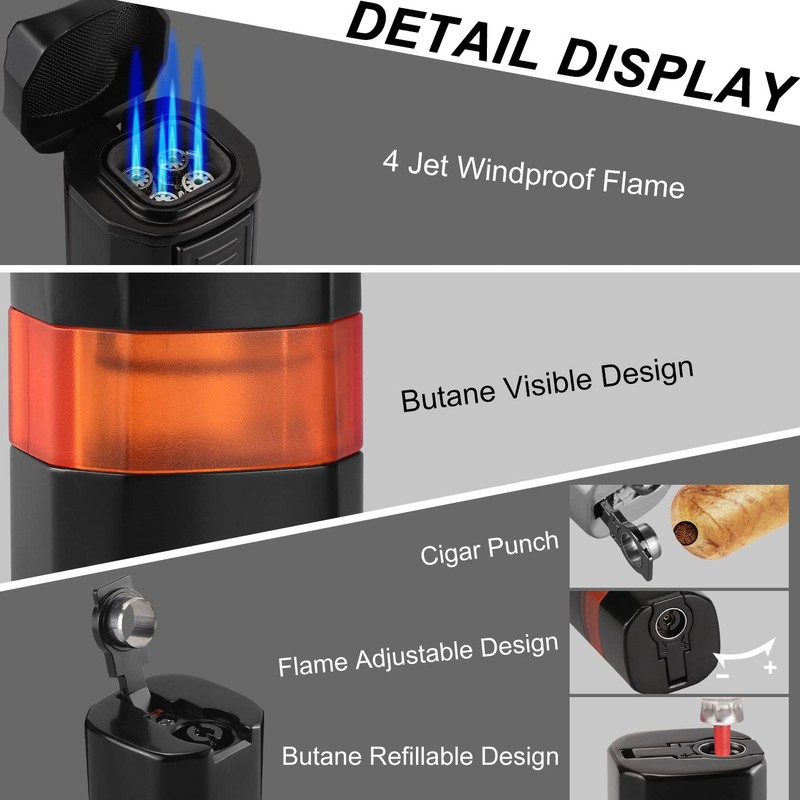 Kantion Cigar Lighter, 4 Jet Flame Torch Lighter Refillable Butane