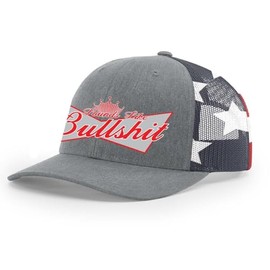 Trenz Shirt Compant Sounds Like Bullsh!t Beer Logo Parody Mens Mesh Back Embroidered Trucker Hat, Heather Grey/American Flag