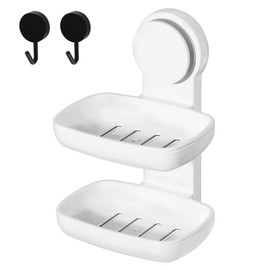 Bar Soap Holder for Shower Wall, Wall Mount Double Tiers Drainage .Adhesive Soap Dish NO-Drilling for Shower Bathroom Bathtub Kitchen，White