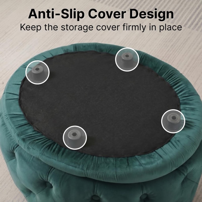 Oval Storage Ottoman with Button-Tufted Diamond Stitch, Upholstered Storage Bench