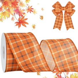 RIBBOOO Thanksgiving Day Wired Edge Ribbon, 2.5 Inch 10 Yard Orange Lattice Decorative Ribbon for Craft, Wreath Bow, Gift Wrapping, Party Decor