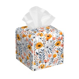 BLYKVGHQ Botanical Square Tissue Box Cover Vintage Wildflowers Tissue Box Holder Facial Cube Paper Dispenser Leather Decorative Organizer Home Office Desk Decor, 5.2"x5.2"x5.2"